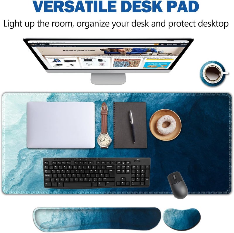 AIMSA Large Gaming Mouse Pad Set, Keyboard Wrist Rest Support + Extended Mouse Pad + Mouse Wrist Cushion + Coaster, Ergonomic Memory Foam Multifunctional Desk Mat 35x15.7inch (Dark Blue Waves) - Image 2